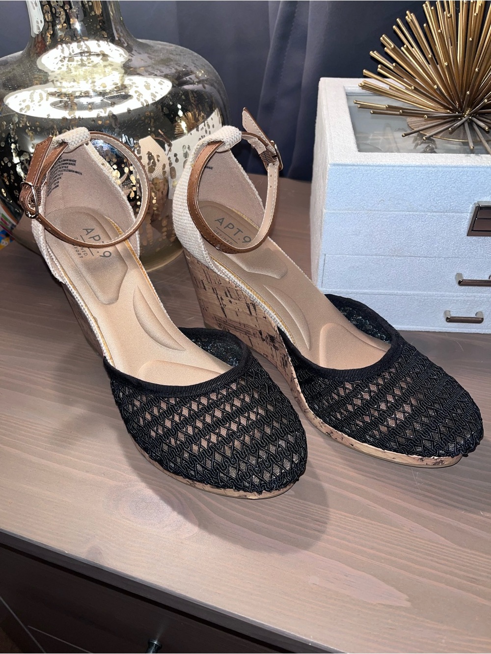 Apt. 9 Black Woven Wedge Sandals with Tan Cork Heel